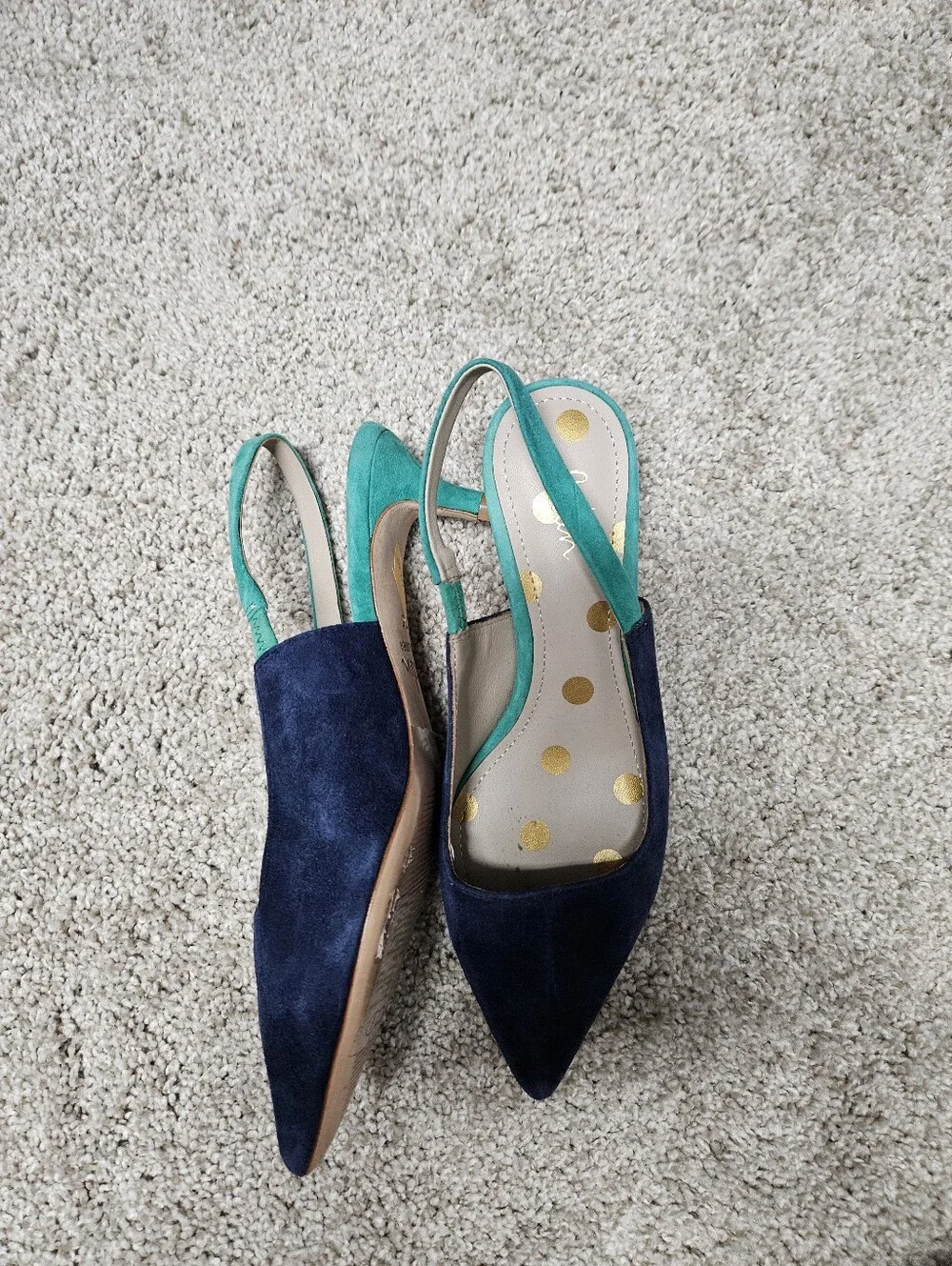 Boden Navy Suede Pointed Toe Slingback Flats with Teal Trim